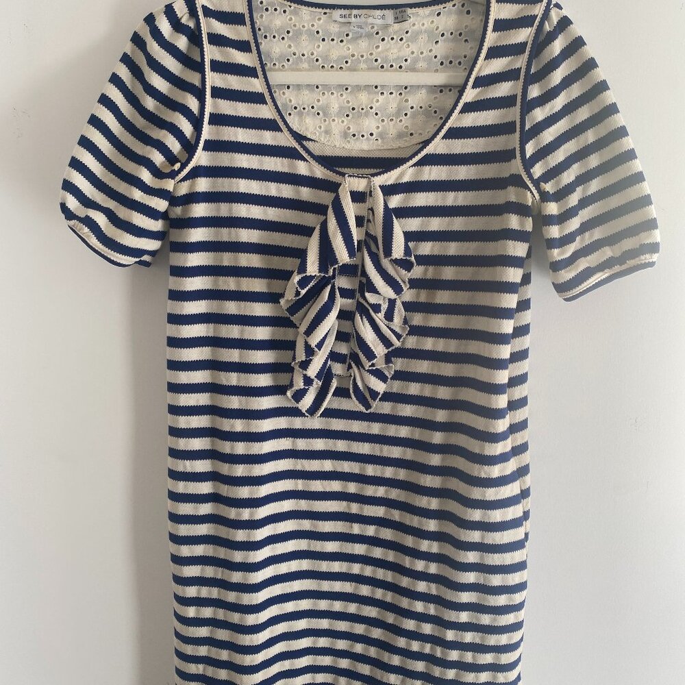 See By Chloe Nautical Stripe Mini Shift Dress W/ Front Ruffle Sz US 2